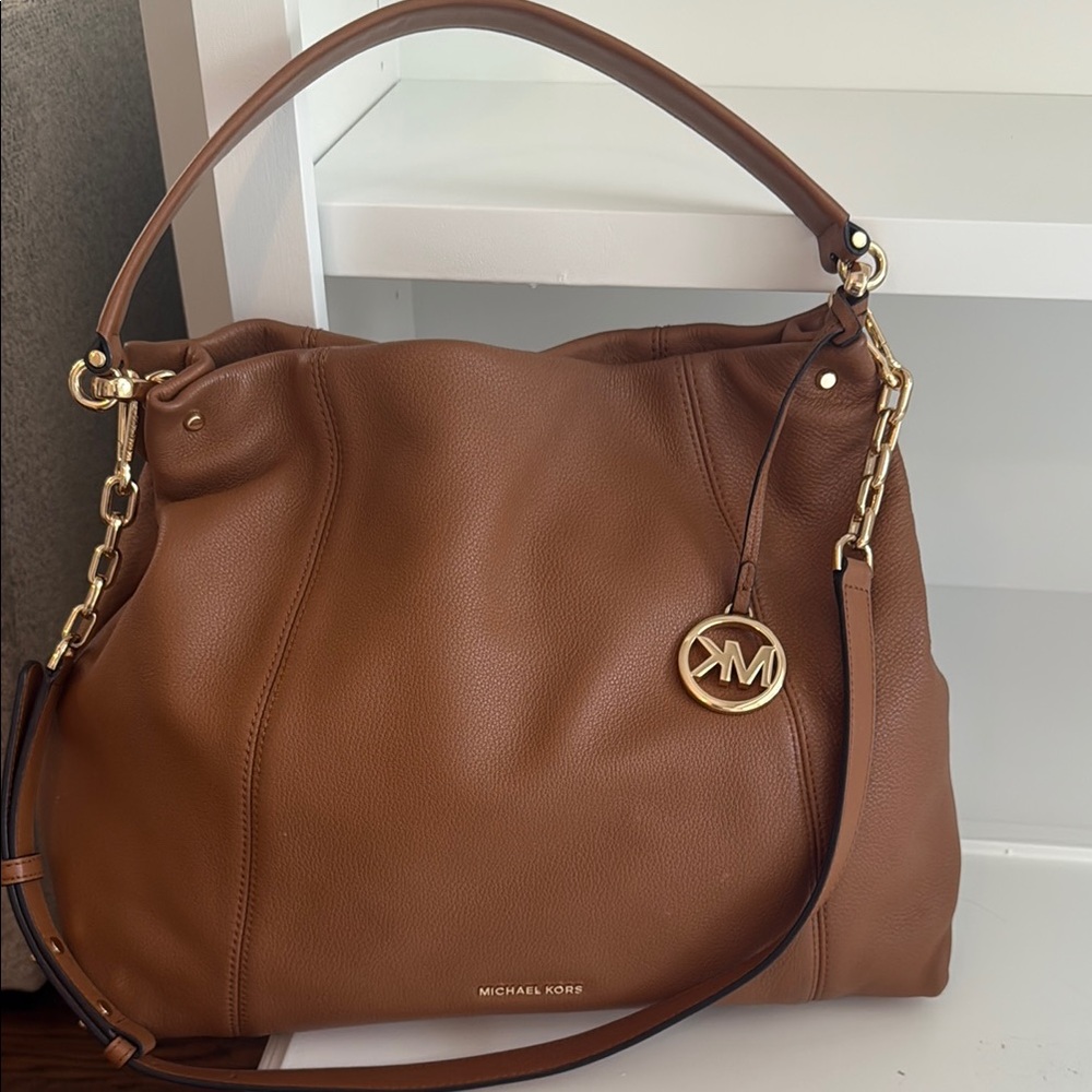 Michael Kors Brown Leather Shoulder Bag with Gold Chain